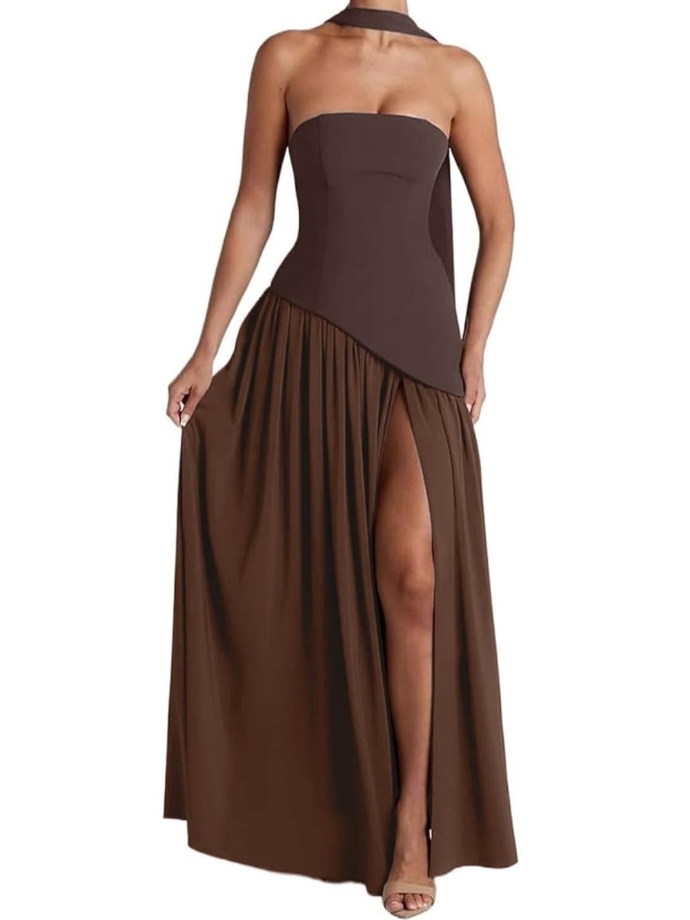 Strapless Brown Evening Gown with Scarf and High Slit